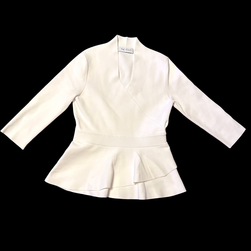 The Fold London Ivory White Peplum Wrap Knit Top 3/4 Sleeve Size M